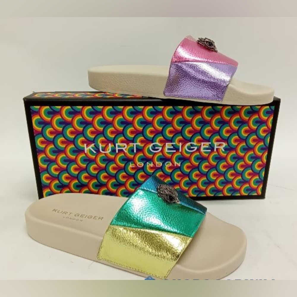 NEW Kurt Geiger London Designer Rainbow Meena Eagle Multicolor Slides Sandals 7